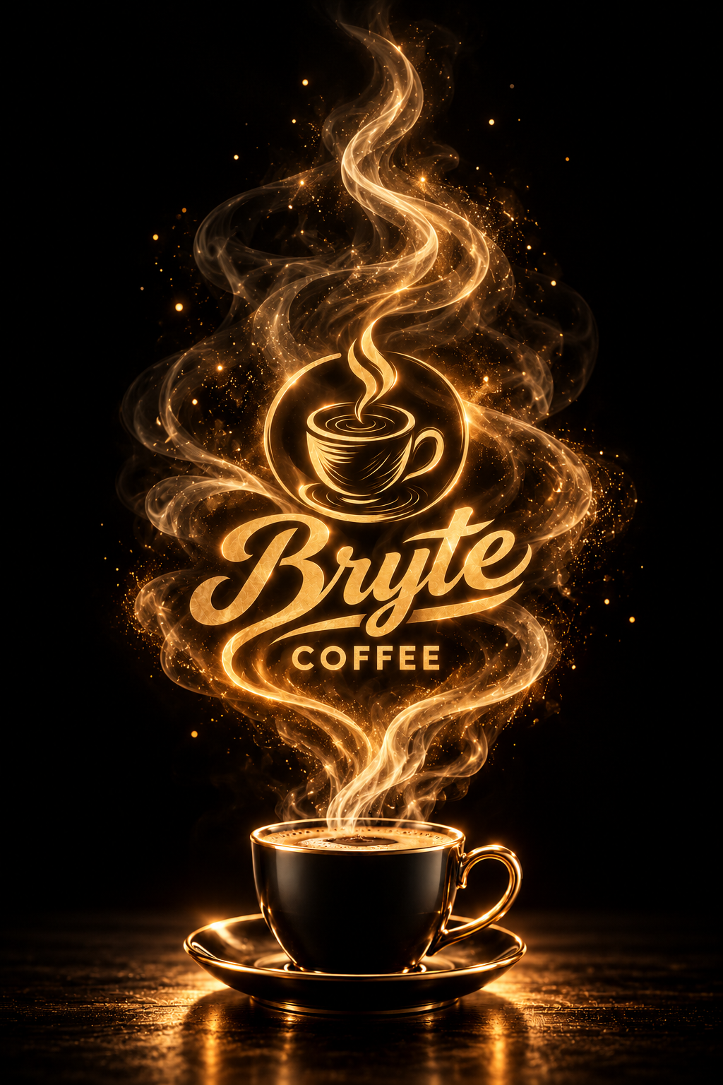 Bryte Coffee golden logo and rising steam above a black and gold coffee cup and saucer.